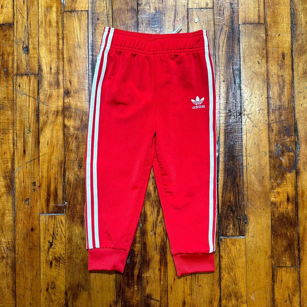 adidas SST Track Pants Kids 3T Red Embroidered Trefoil Tapered Leg Drawstring